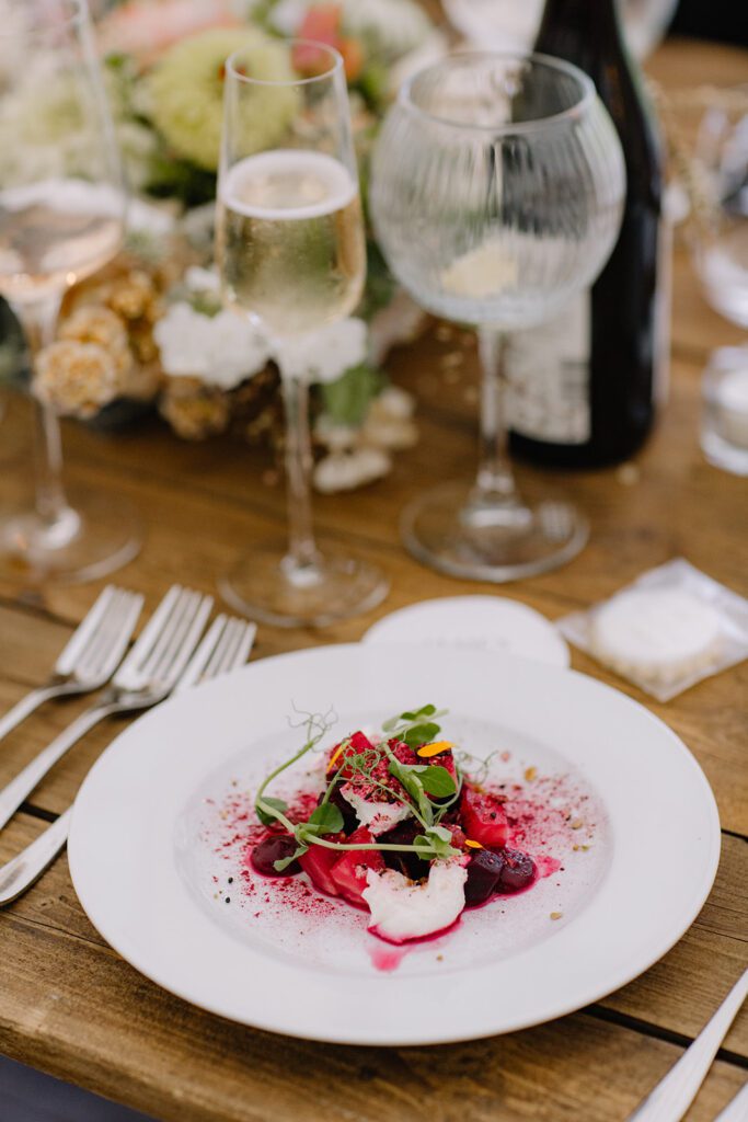 Luxury wedding breakfast plated starter, by Pickle Shack for a Pynes House wedding