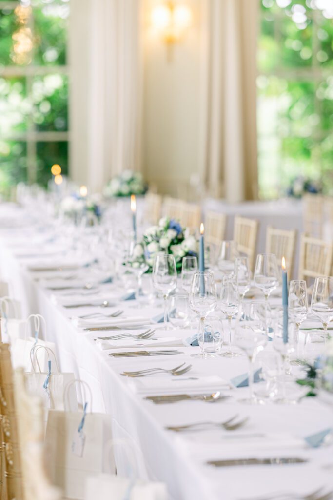 Pastel wedding breakfast in the ballroom at Pynes House