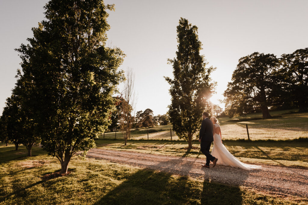 Bride and groom walking down tree lined drive, next to Devon fields.