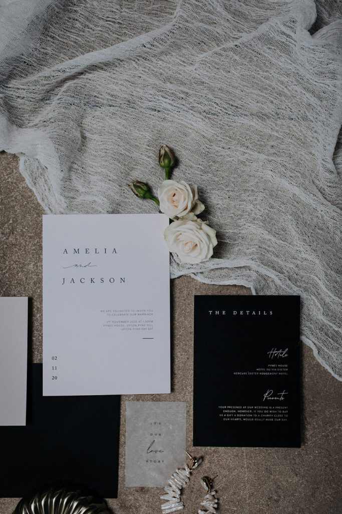 Luxury wedding stationery flat lay.