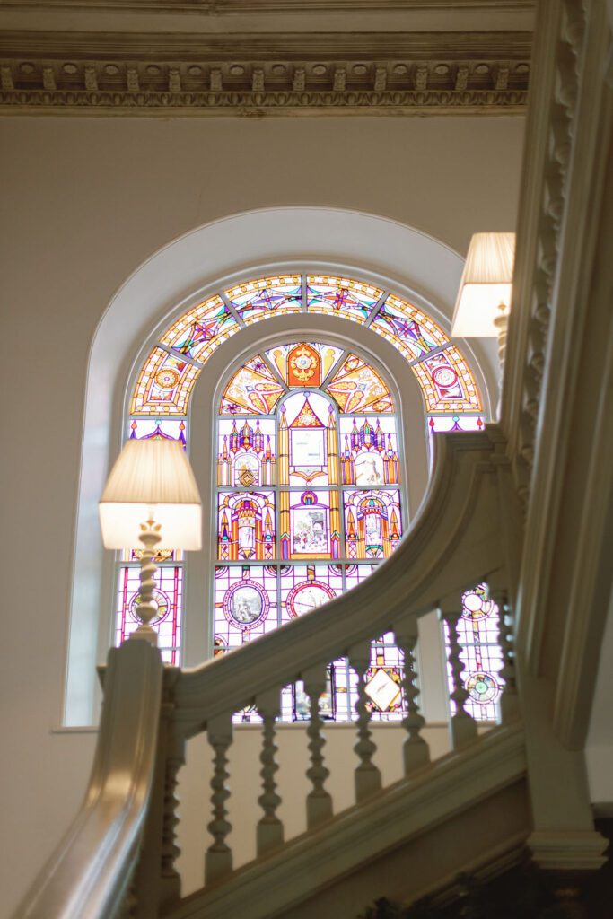 Stained glass window at English country house.