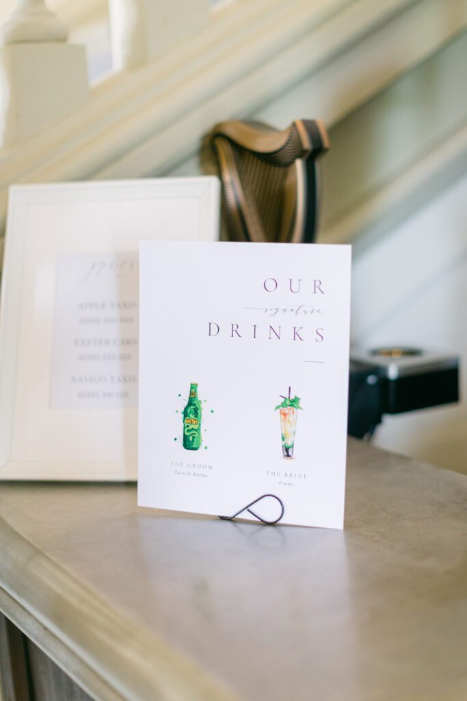 Drinks menu for stately home wedding.