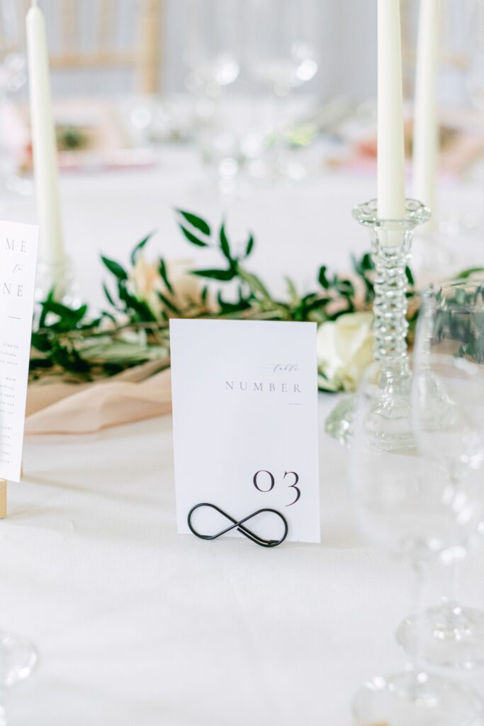 Wedding place setting at black tie affair at Devon wedding venue.