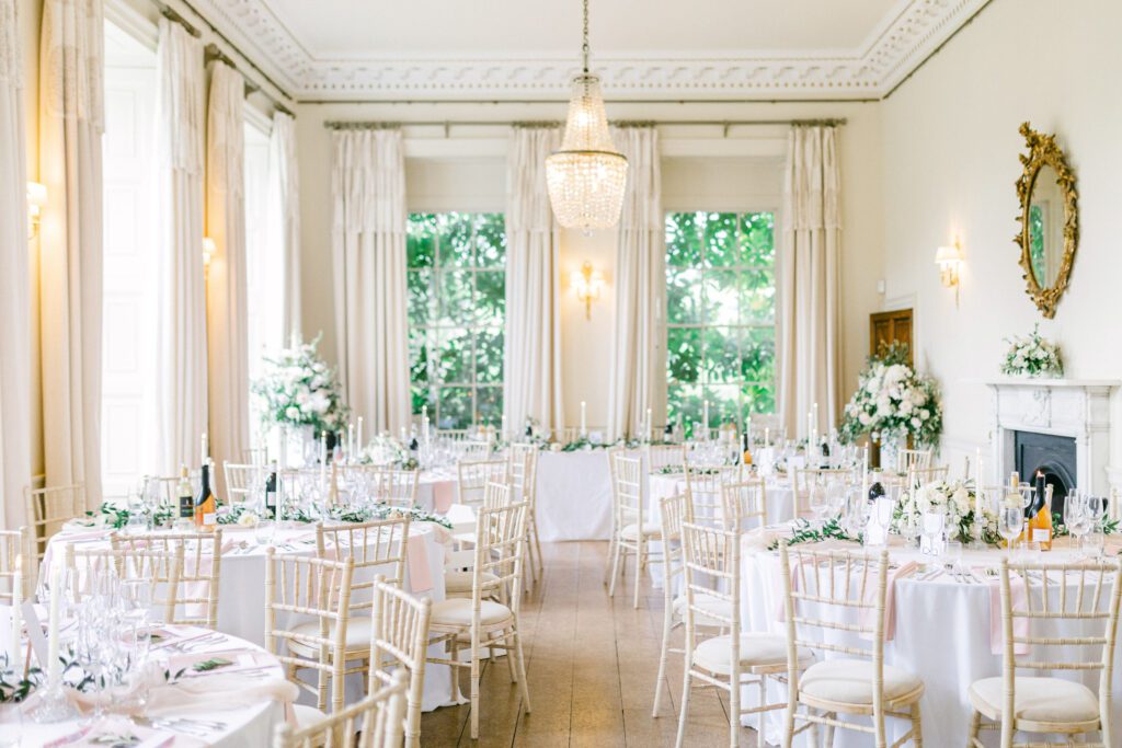 Reception layout for modern wedding at stately house in the UK.