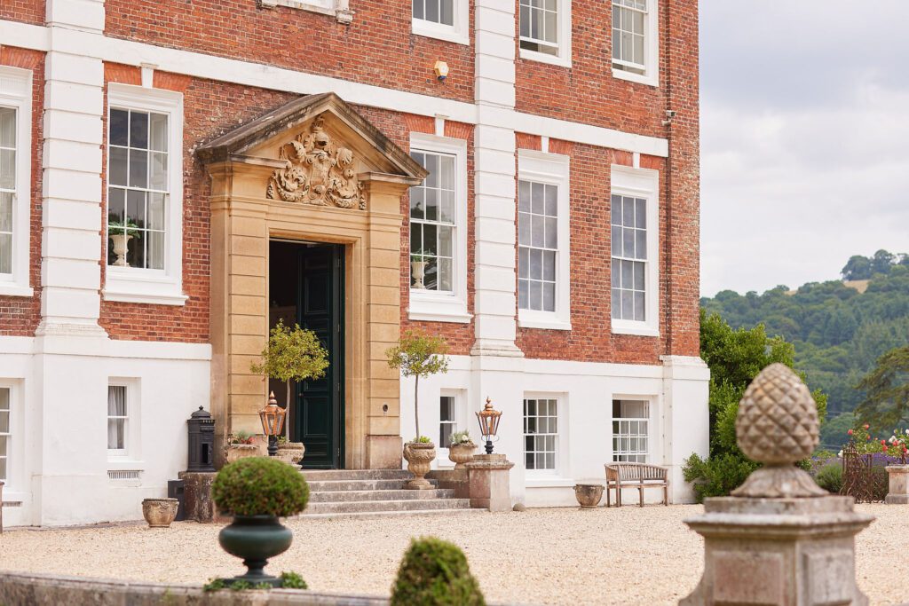 A historic brick wedding venue in England.