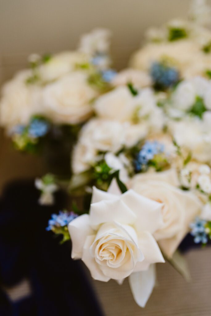 Pastel and blue wedding flowers for a Pynes House wedding.