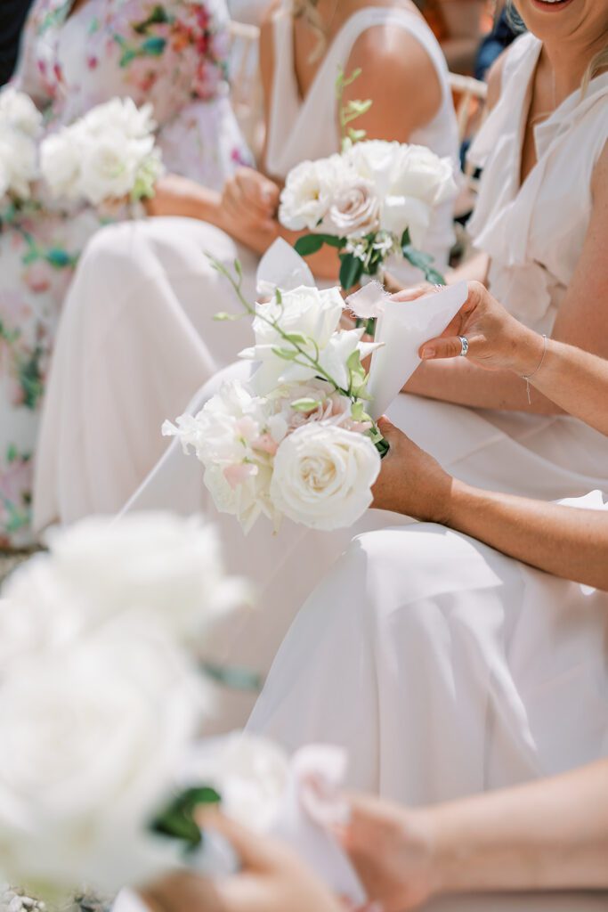 Light blush and pastel coloured flowers for a luxury wedding at Pynes House