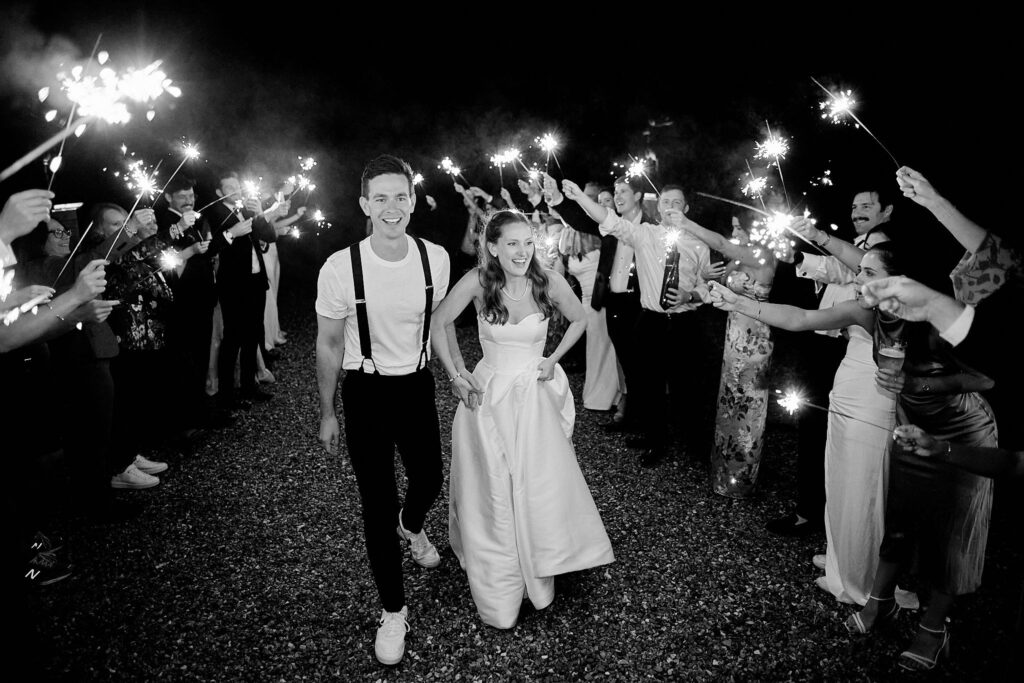 A sparkler arch at Pynes House outdoor wedding venue