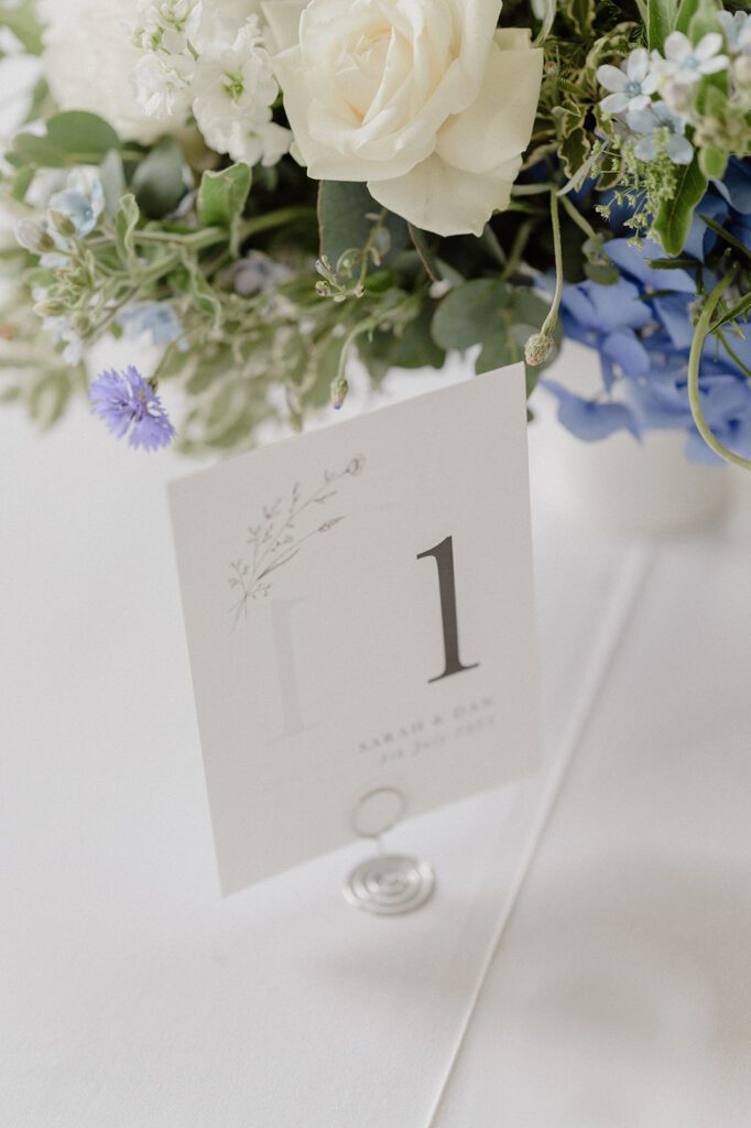 A table place name by some luxury wedding flowers